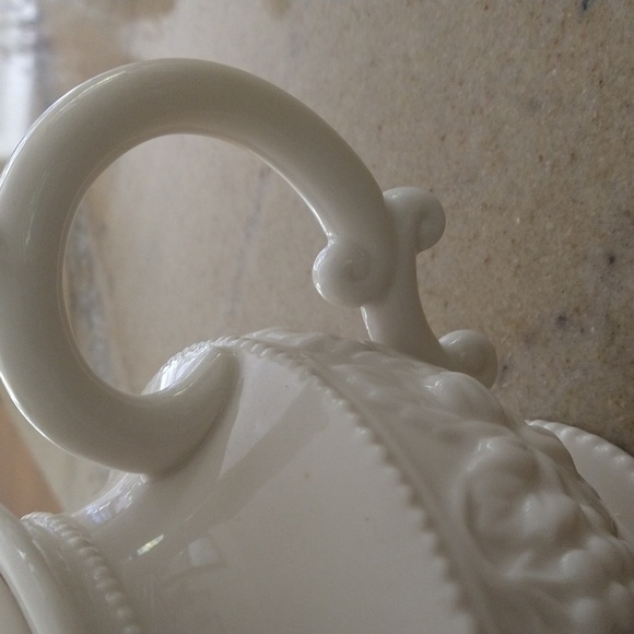 Porcelain white teapot 10 1/2" wide x 7" french country cottagecore shabby chic - Picture 3 of 5
